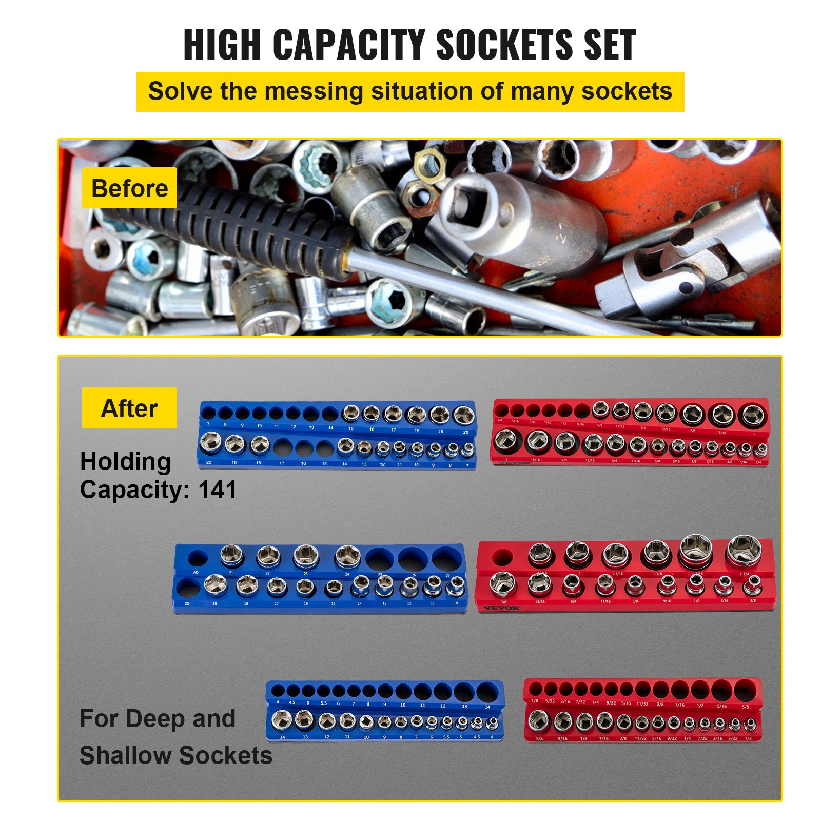 VEVOR magnetic socket organizer showcasing before and after with organized deep and shallow sockets.