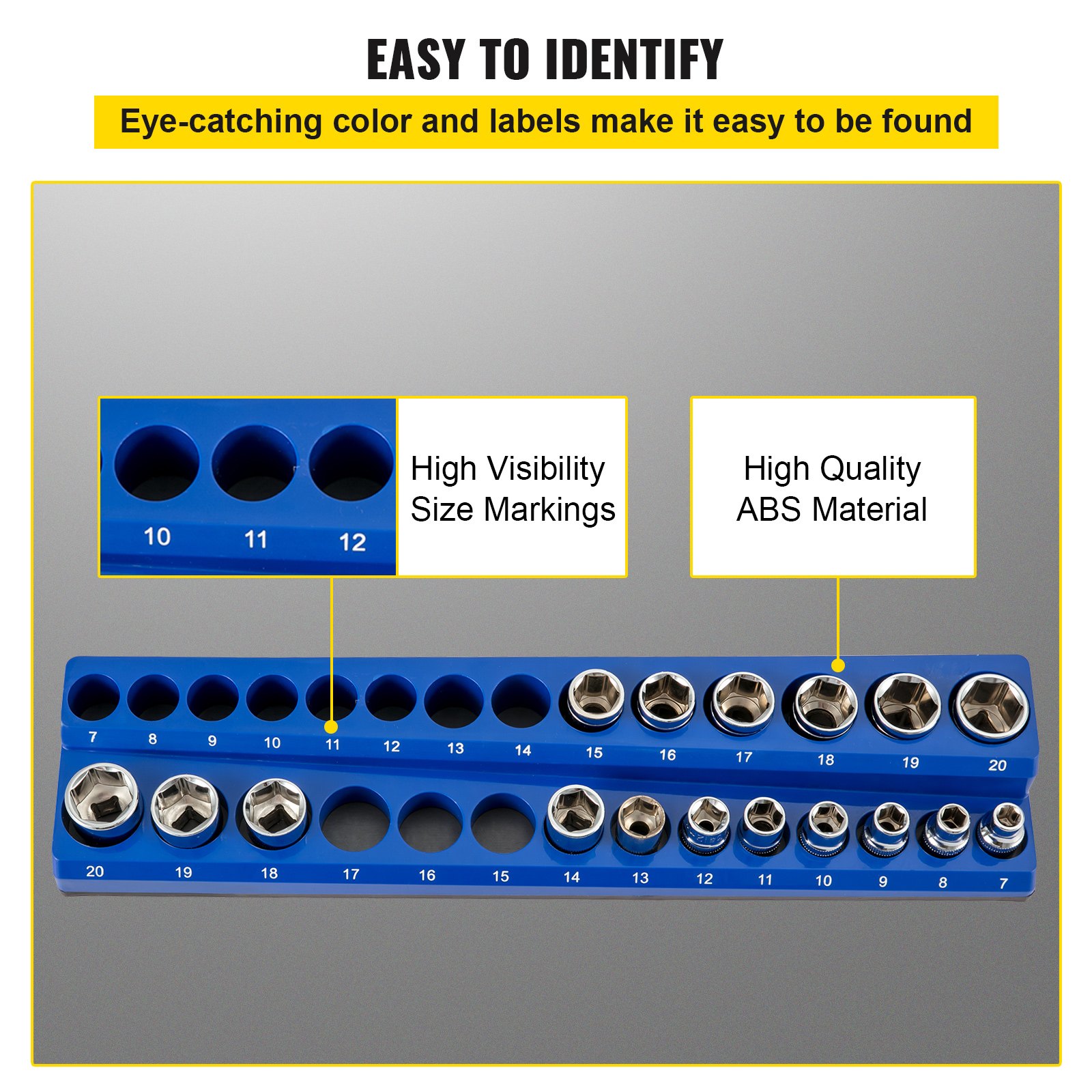 VEVOR magnetic socket organizer: blue socket holder with numbered slots and high-visibility size markings.