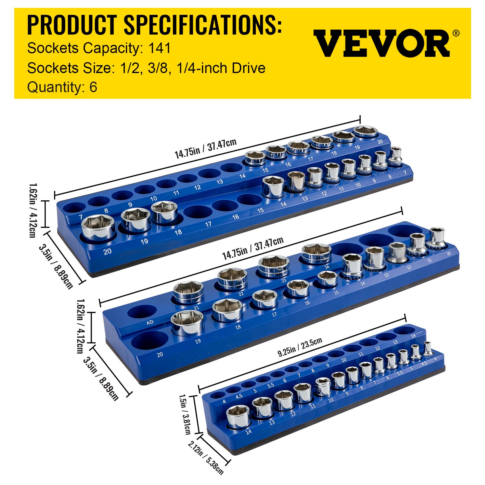 VEVOR magnetic socket organizer holds 141 sockets of 1/2, 3/8, 1/4-inch drive sizes, shown in blue.