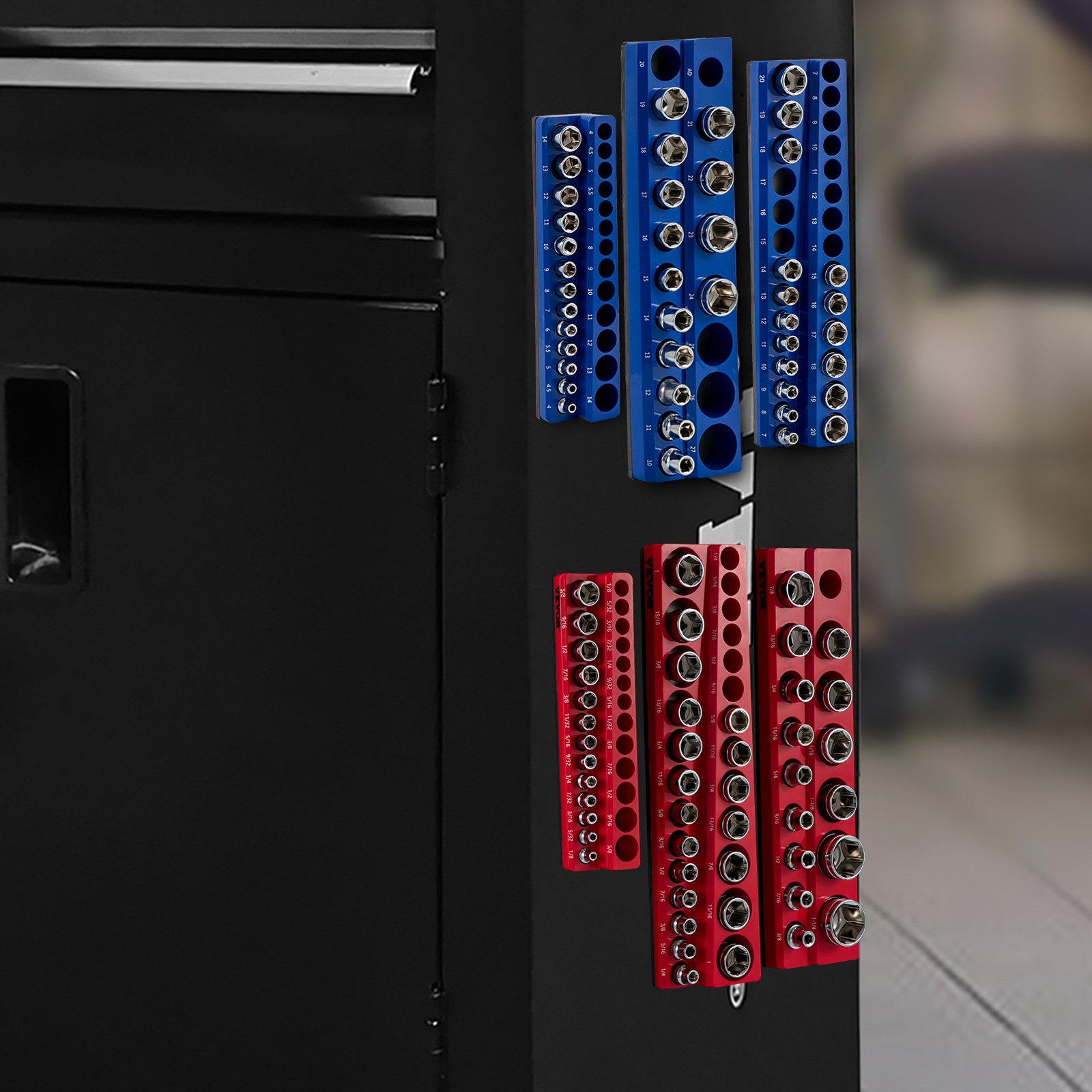 VEVOR magnetic socket organizer holding various sockets in blue and red, mounted on a black tool cabinet.