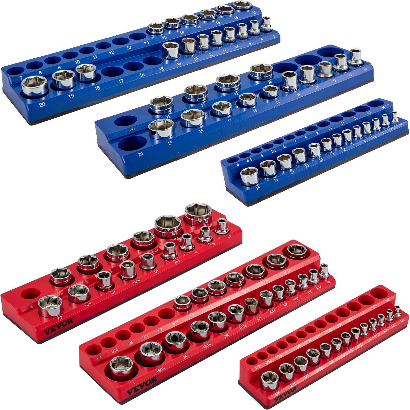 VEVOR magnetic socket organizer in blue and red, holding various sizes of sockets arranged neatly.