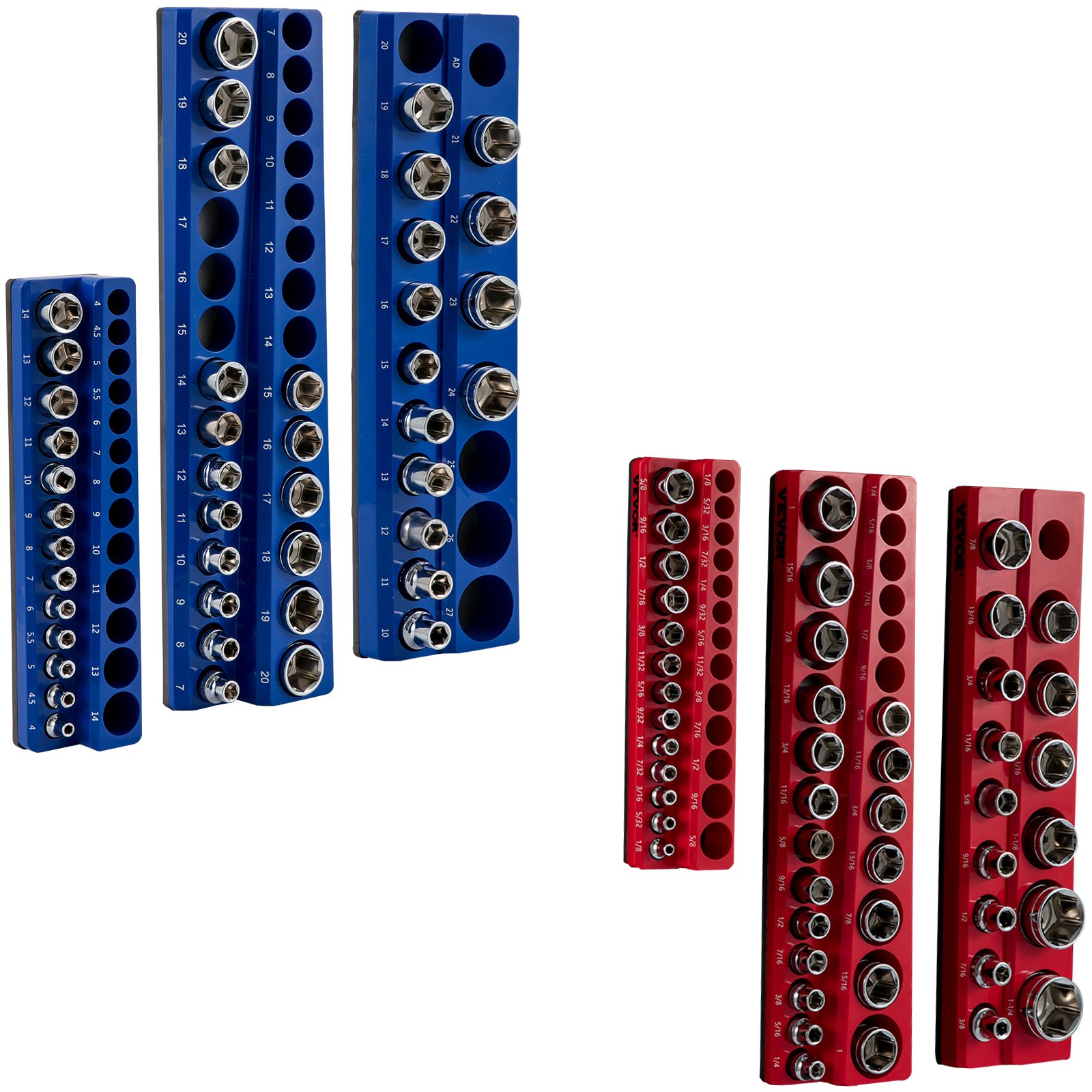 red and blue VEVOR magnetic socket organizer trays with various socket sizes displayed.