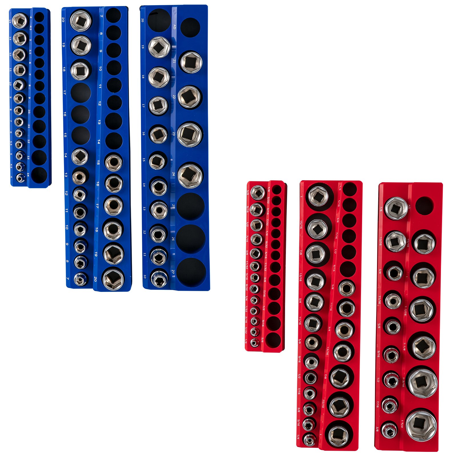 blue and red VEVOR magnetic socket organizer sets holding various sizes of sockets in neat rows.