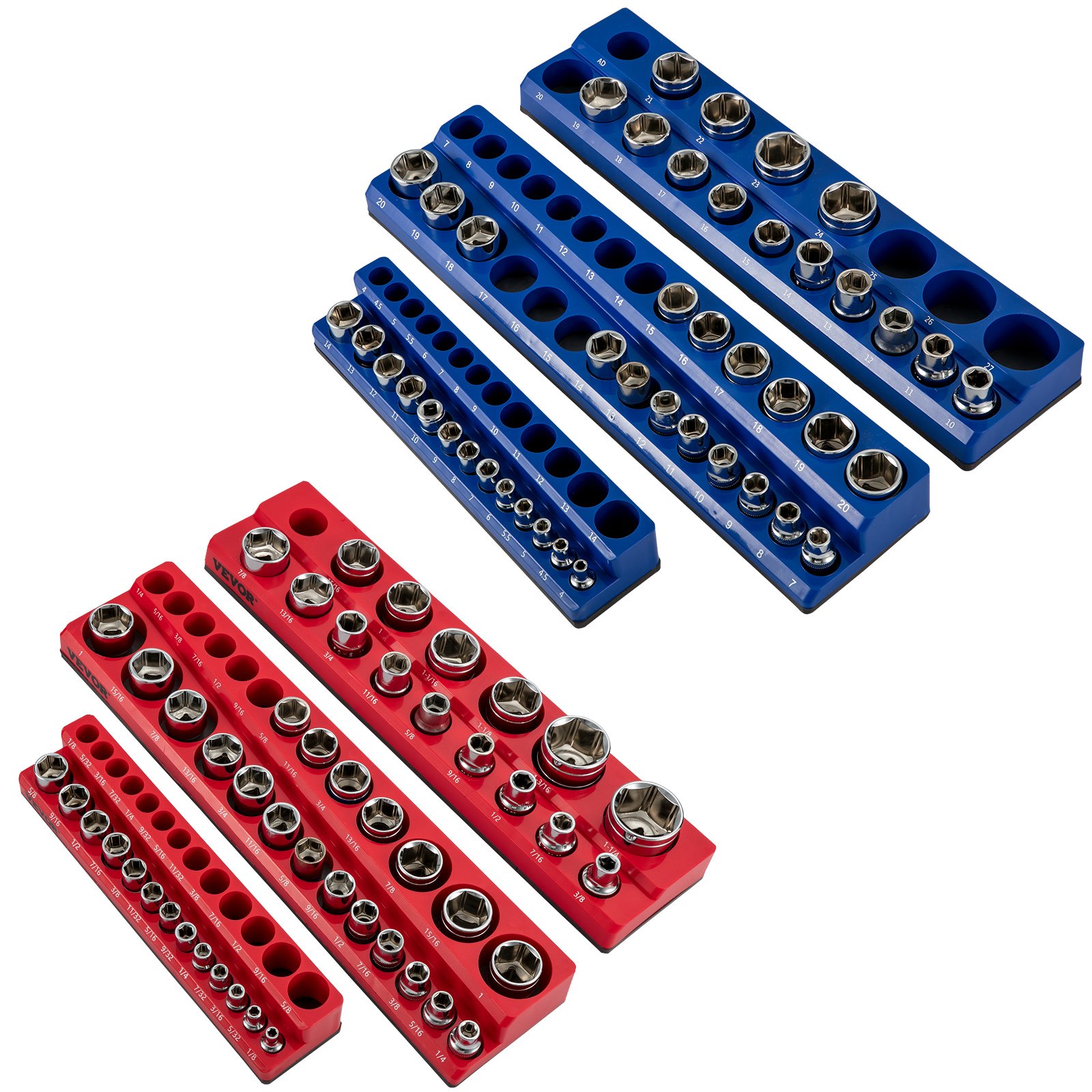 red and blue VEVOR magnetic socket organizer trays holding various socket sizes in an orderly arrangement.