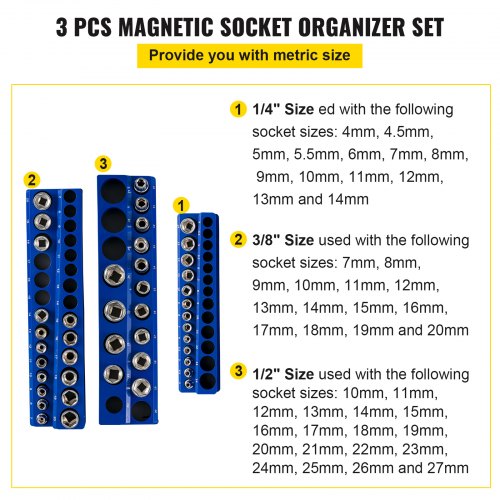 VEVOR Magnetic Socket Organizer Socket Holder 3 pcs 1/2, 3/8, 1/4-in Metric Blue