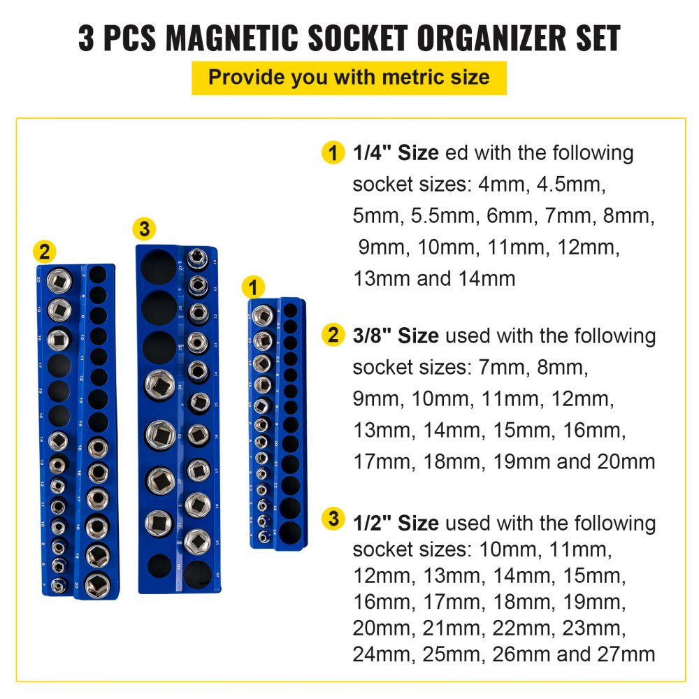 VEVOR magnetic socket organizer with metric sizes for 1/4&quot;, 3/8&quot;, and 1/2&quot; sockets in a 3-piece set.