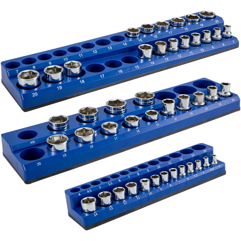 VEVOR magnetic socket organizer featuring blue trays with various socket sizes neatly arranged.
