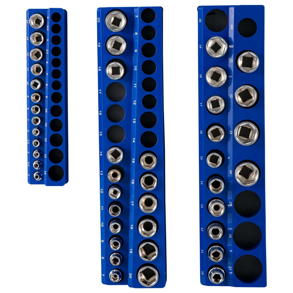 VEVOR magnetic socket organizer in blue with numbered slots and various chrome sockets arranged neatly.