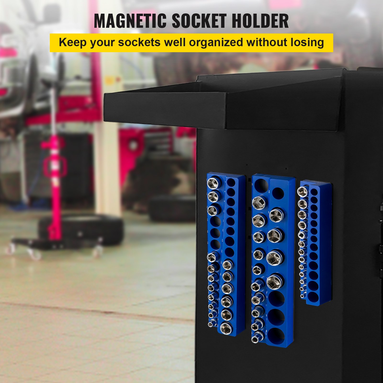 VEVOR magnetic socket organizer holding multiple sockets on a black tool cart in a garage setting.