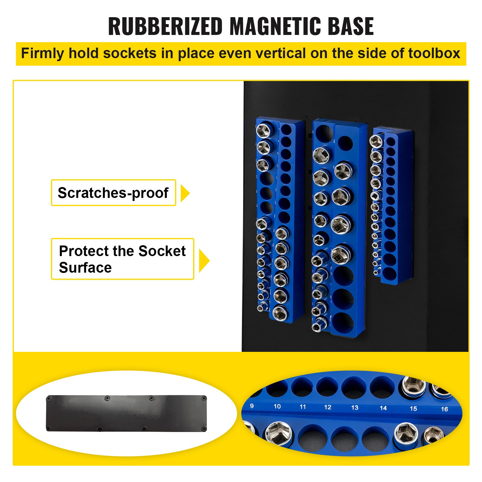 VEVOR magnetic socket organizer with rubberized base, scratch-proof, holding sockets firmly, blue color.