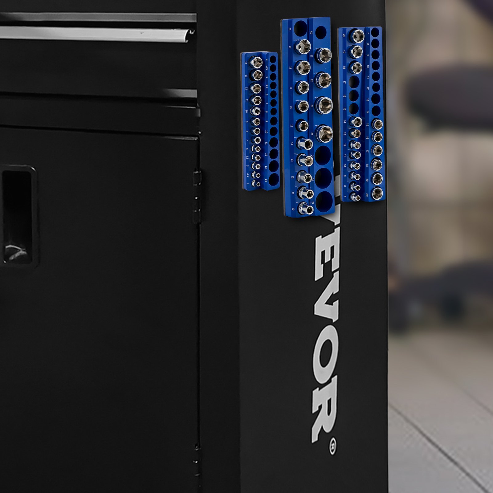 VEVOR magnetic socket organizer in blue attached to a black toolbox with organized socket holders.