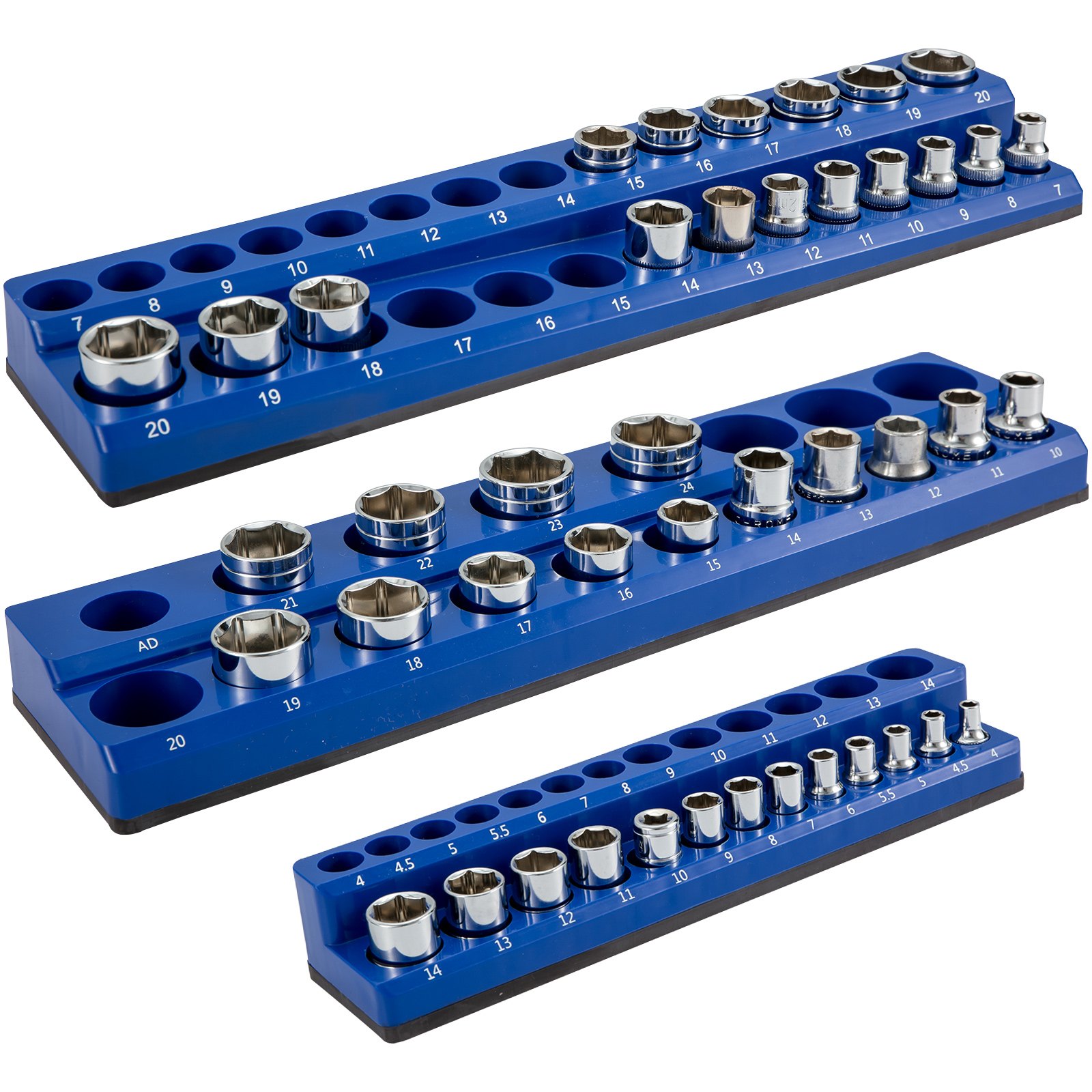 blue VEVOR magnetic socket organizer with labeled slots and chrome sockets arranged by size.