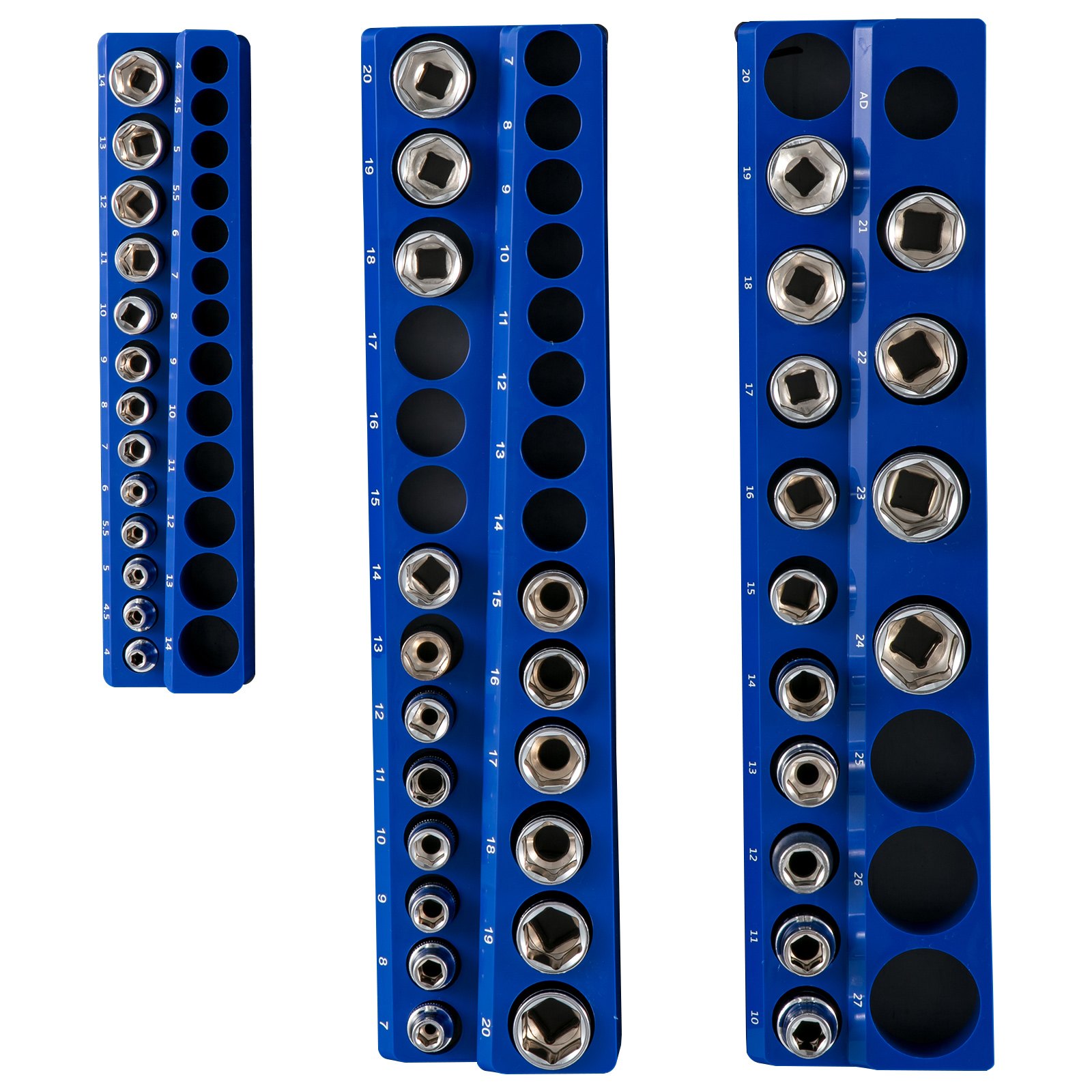 VEVOR magnetic socket organizer in blue with numbered slots and various chrome sockets arranged neatly.