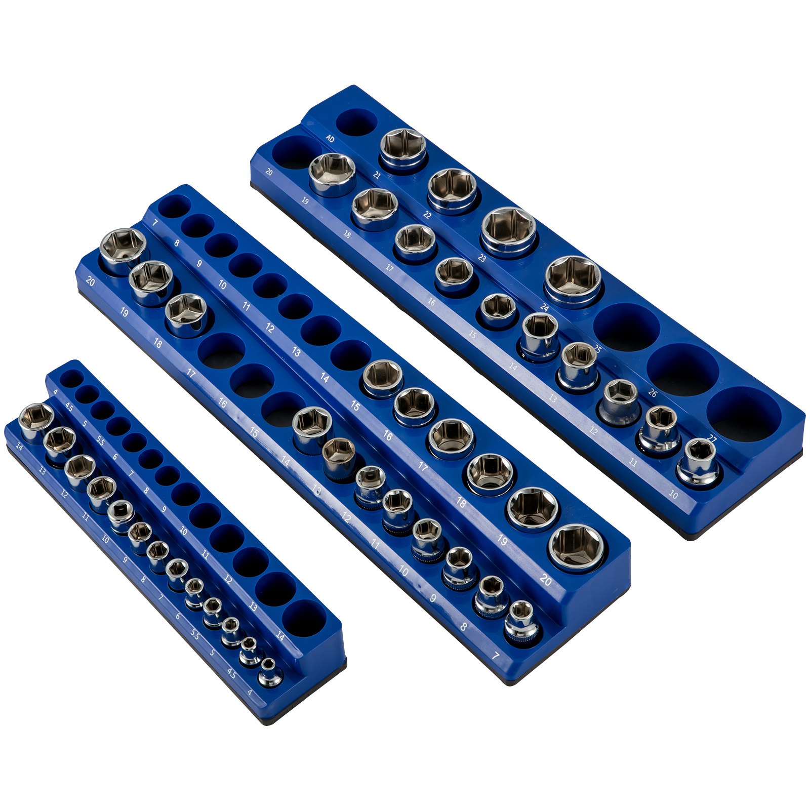 blue VEVOR magnetic socket organizer holding a set of sockets neatly arranged by size.