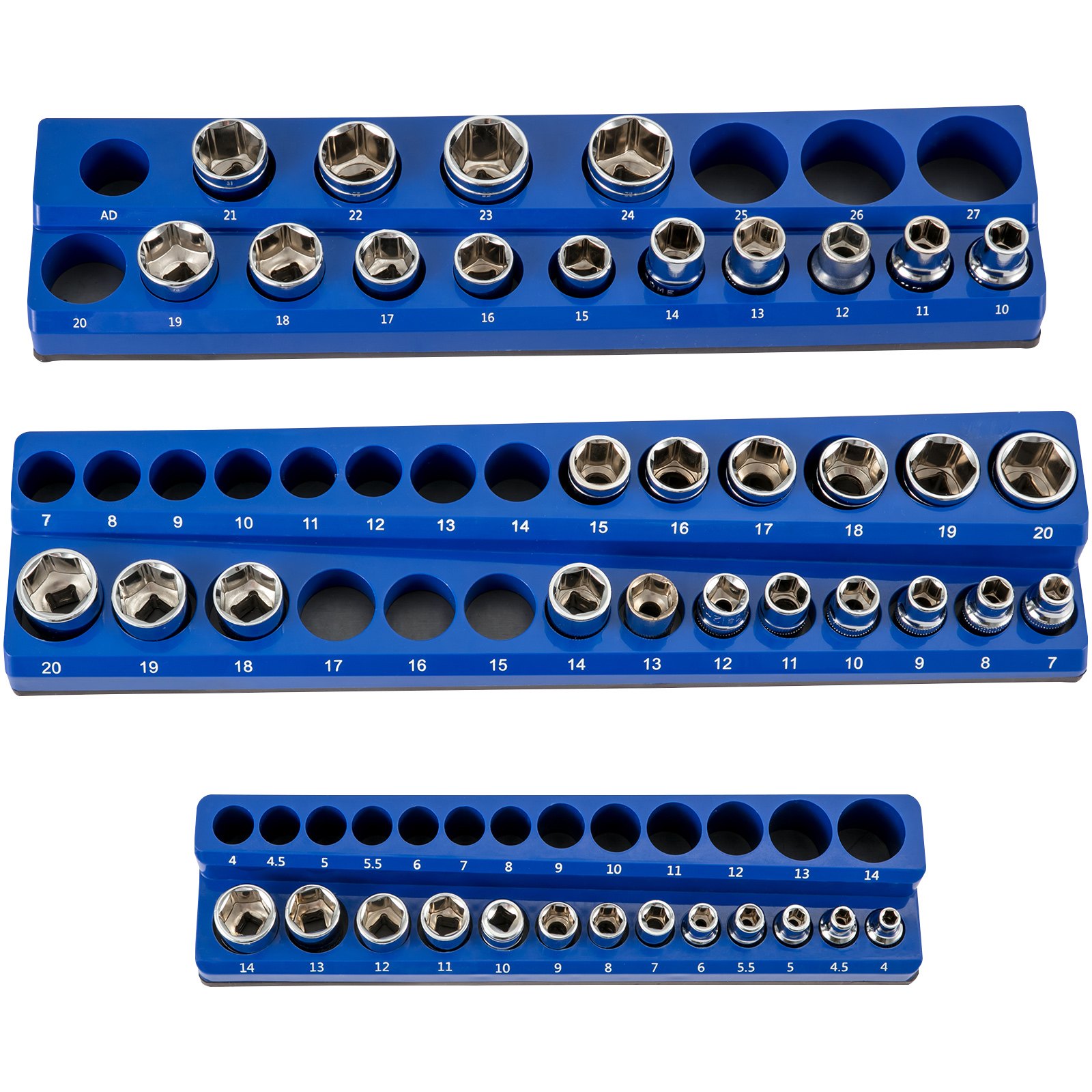 VEVOR magnetic socket organizer holding various socket sizes in blue plastic trays.