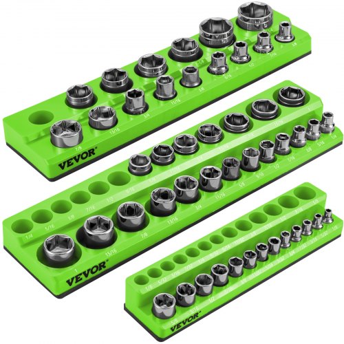 VEVOR 3-Pack Metric Magnetic Socket Organizers, 1/2-inch, 3/8-inch, 1/4-inch Drive Socket Holders Hold 68 Sockets, Green Tool Box Organizer for Sockets Storage