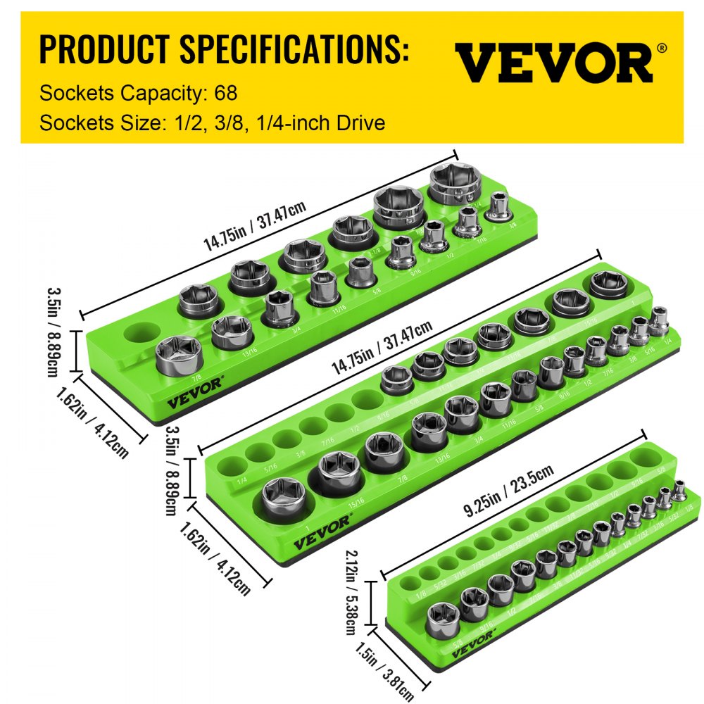 VEVOR 3-Pack Metric Magnetic Socket Organizers, 1/2-inch, 3/8-inch, 1/4-inch Drive Socket Holders Hold 68 Sockets, Green Tool Box Organizer for Sockets Storage