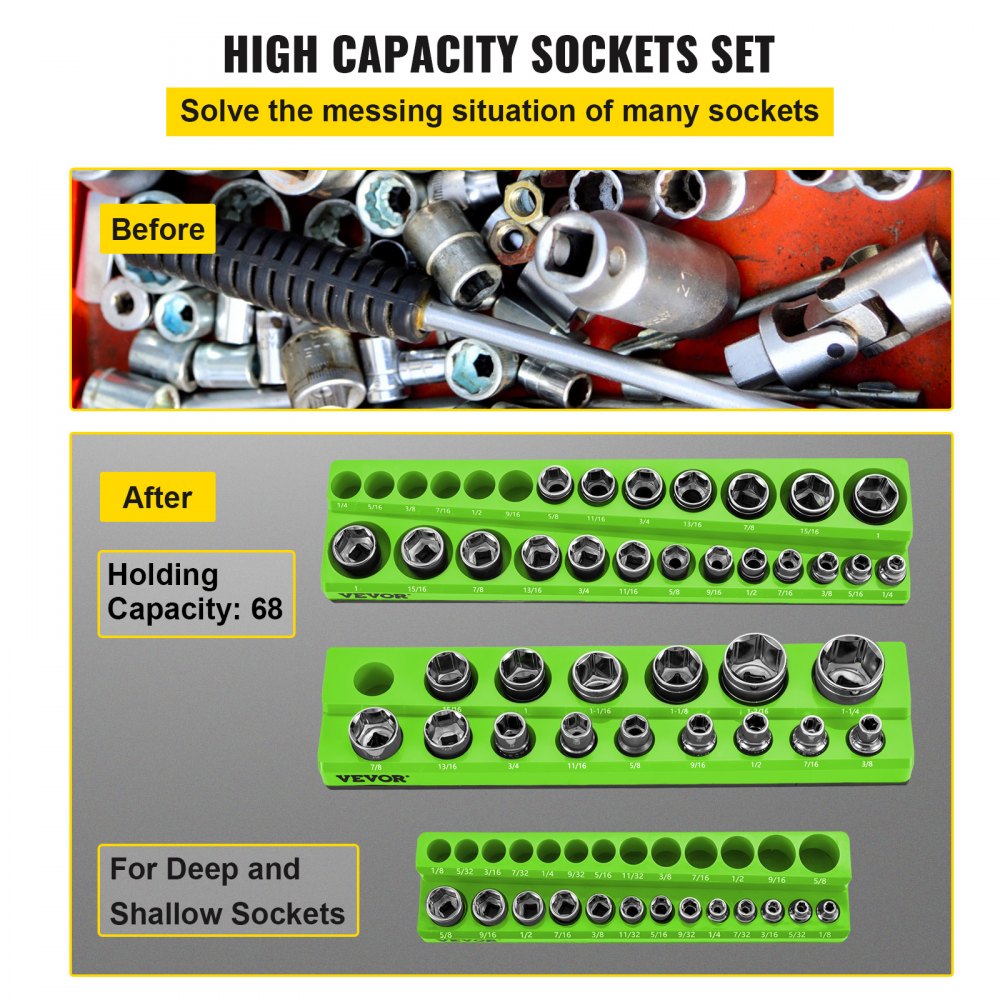 VEVOR 3-Pack SAE Magnetic Socket Organizers, 1/2-inch, 3/8-inch, 1/4-inch Drive Socket Holders Hold 68 Sockets, Green Tool Box Organizer for Sockets Storage