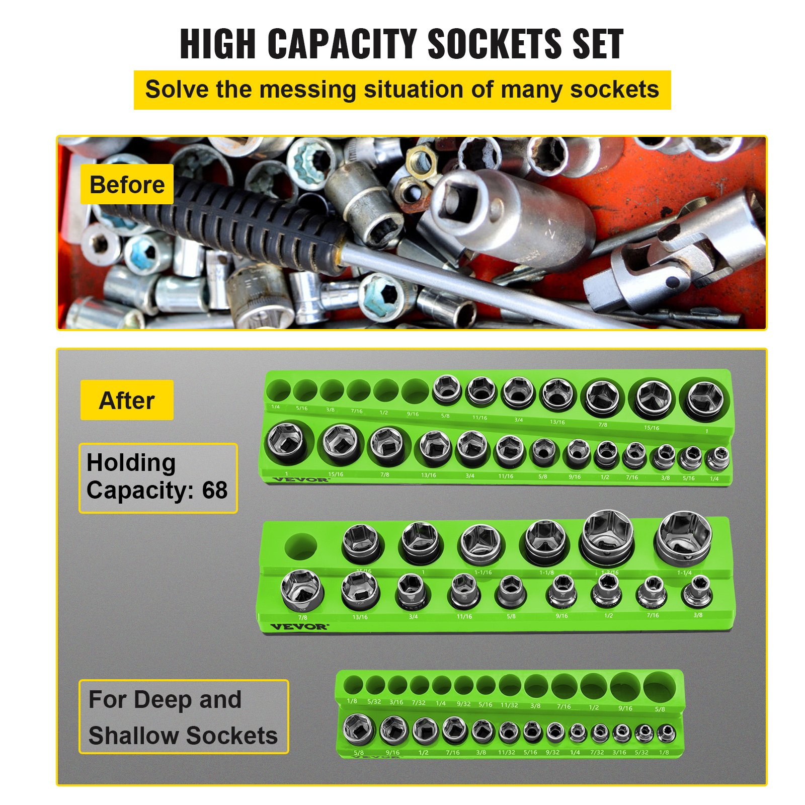 VEVOR 3-Pack SAE Magnetic Socket Organizers, 1/2-inch, 3/8-inch, 1/4-inch Drive Socket Holders Hold 68 Sockets, Green Tool Box Organizer for Sockets Storage