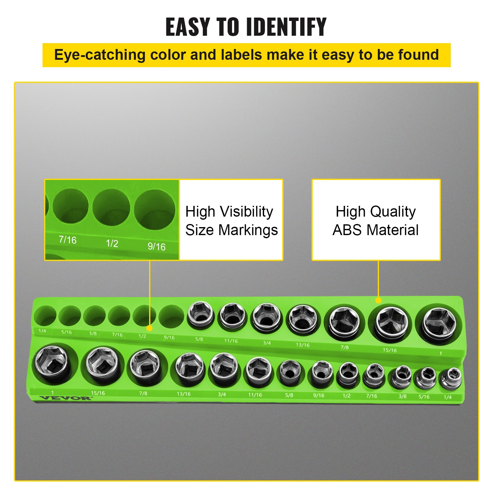 VEVOR 3-Pack SAE Magnetic Socket Organizers, 1/2-inch, 3/8-inch, 1/4-inch Drive Socket Holders Hold 68 Sockets, Green Tool Box Organizer for Sockets Storage