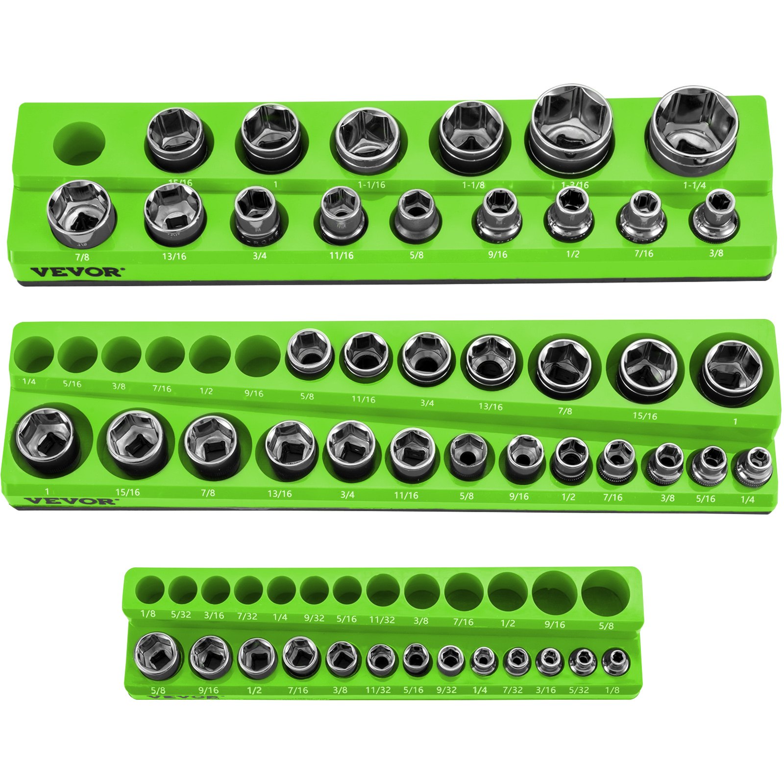 VEVOR 3-Pack SAE Magnetic Socket Organizers, 1/2-inch, 3/8-inch, 1/4-inch Drive Socket Holders Hold 68 Sockets, Green Tool Box Organizer for Sockets Storage
