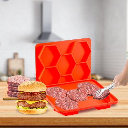 VEVOR Innovative Burger Patty Press Freezer 5-In-1 Burger Press and Freezer Container Non Stick Hamburger Patty Freezer Containers Red Hexagonal Burger Patties, Silicone Frozen Hamburger Patty Maker