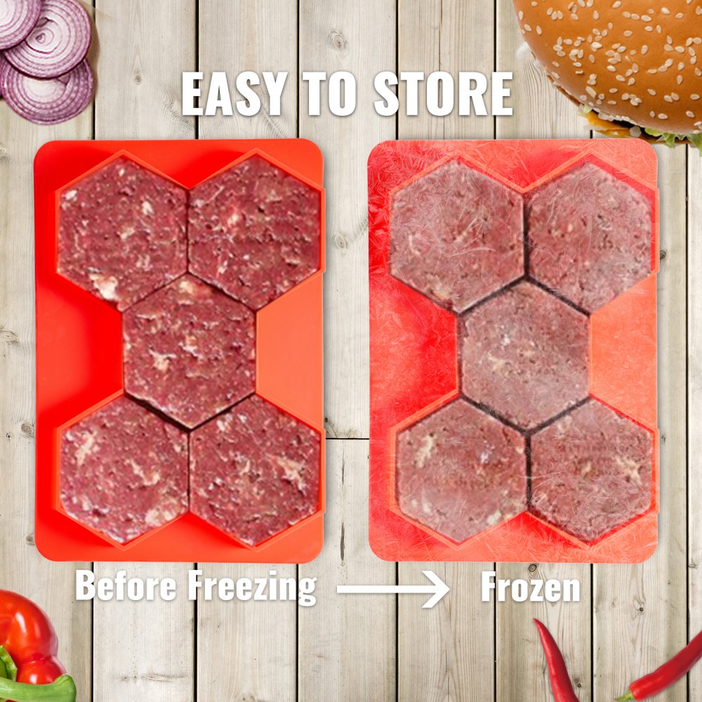 VEVOR Innovador Congelador Prensa para Hamburguesas 5 en 1 Prensa para Hamburguesas y Recipiente para Congelador Recipientes para Congelador para Hamburguesas Antiadherentes Empanadas de Hamburguesas Hexagonales Rojas, Máquina para Hacer Hamburguesas Congeladas de Silicona