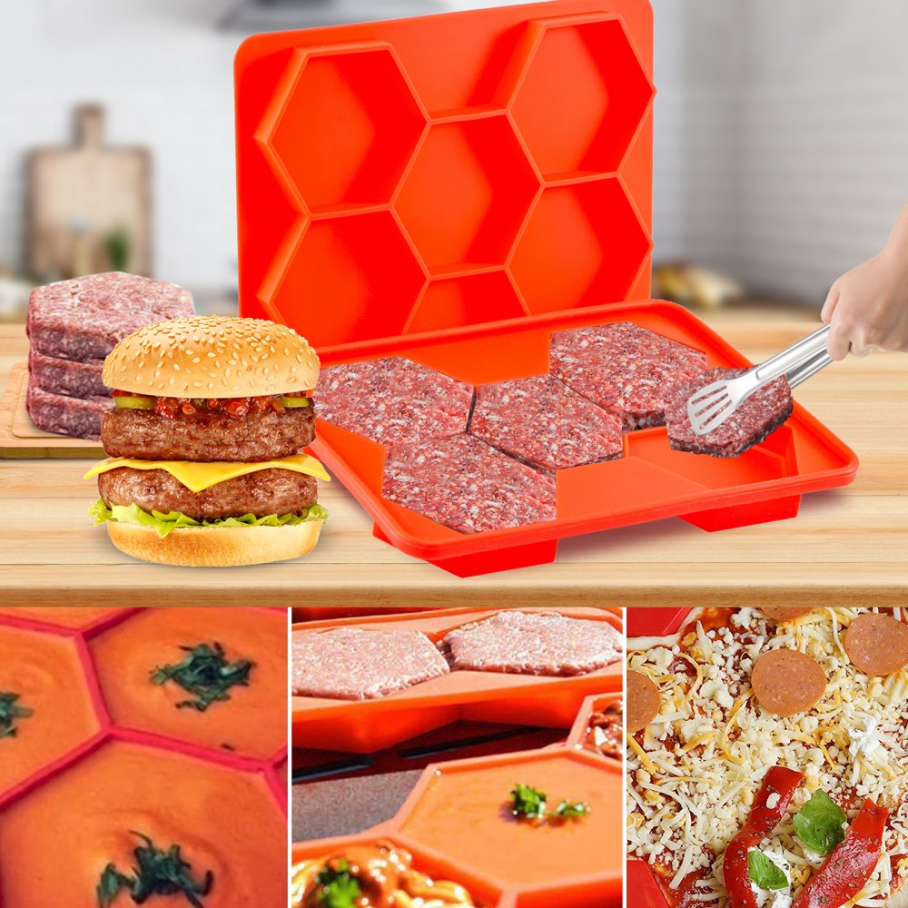 VEVOR Innovador Congelador Prensa para Hamburguesas 5 en 1 Prensa para Hamburguesas y Recipiente para Congelador Recipientes para Congelador para Hamburguesas Antiadherentes Empanadas de Hamburguesas Hexagonales Rojas, Máquina para Hacer Hamburguesas Congeladas de Silicona