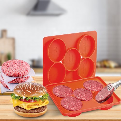 Prensa para hamburguesas Vevor y contenedor para congelador Prensa para hamburguesas innovadora 5 en 1 Barbacoa roja