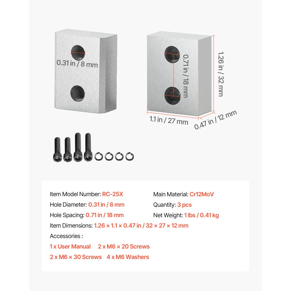VEVOR Rebar Cutter Blades, 6 Pcs Replacement Jaw Blades for 1Inch 25mm #8 Electric Rebar Cutter, Double-sided, CR12MOV High-Hardness Steel, Fast Efficient with Screws and Spring Washer, Silver