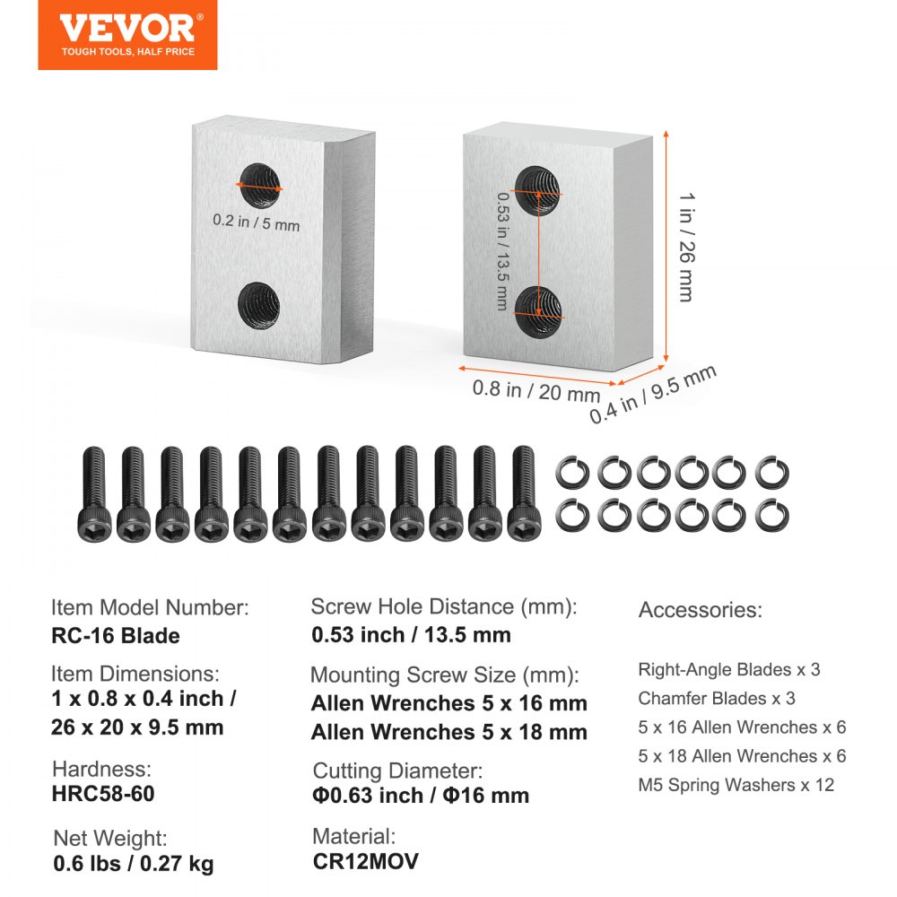 VEVOR Electric Rebar Cutter Blade, 6 PCS 16mm(5/8 Inch) Cutting Diameter, HRC58-60 Hard Hydraulic Rebar Blade Replacement Jaw Blades with 12 Hexagon Screw and 12 Spring Washer, for Model RC-16