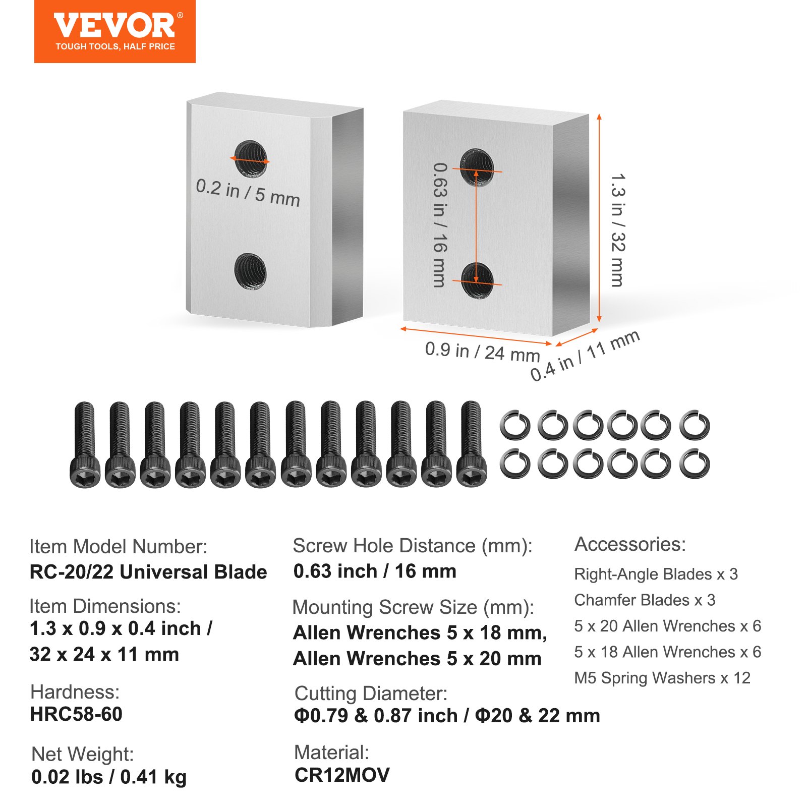 VEVOR Electric Rebar Cutter Blade, 6 PCS 20/22mm Cutting Diameter, HRC58-60 Hard Hydraulic Rebar Blade Replacement Jaw Blades with 12 Hexagon Screw and 12 Spring Washer, for Model RC-20, RC-22
