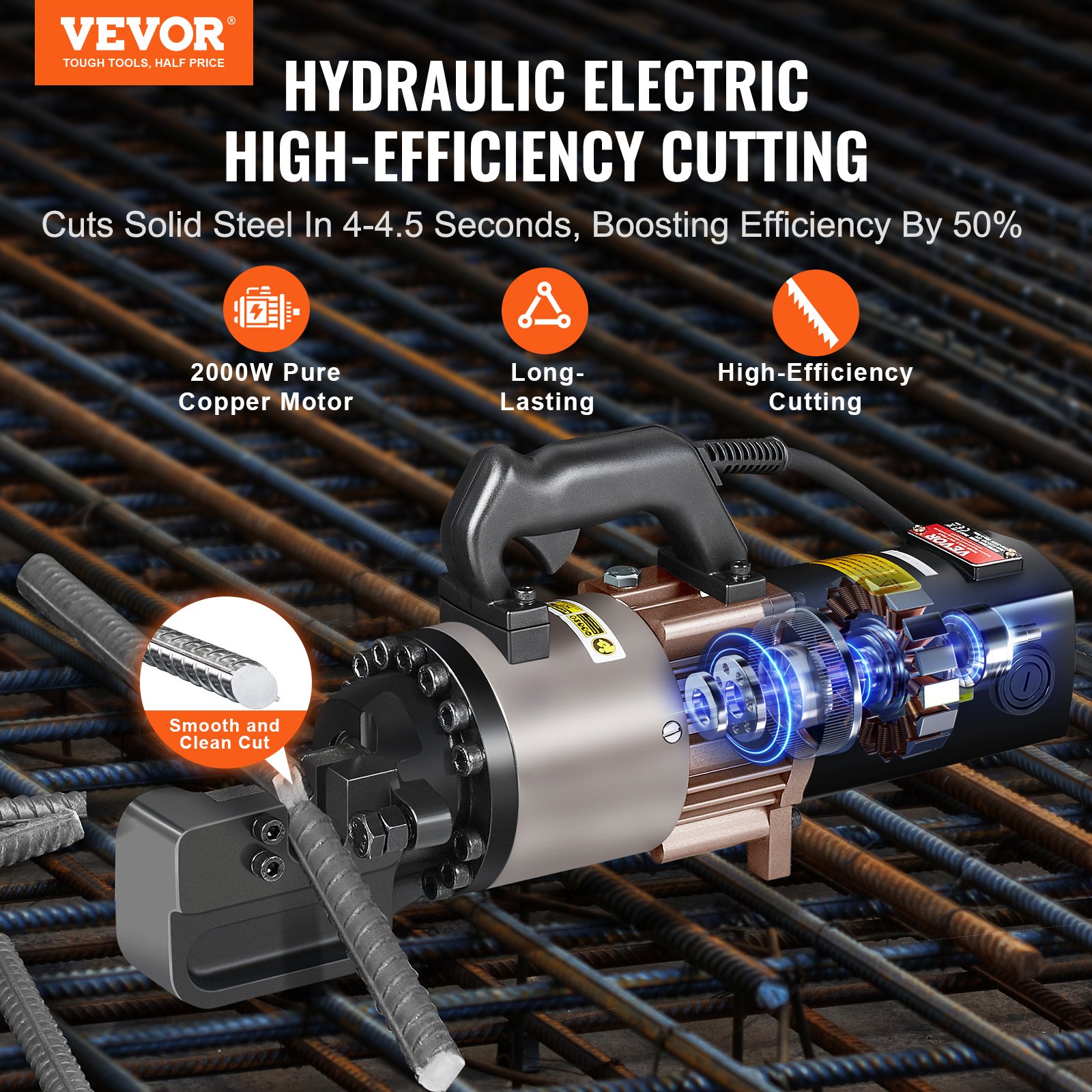 VEVOR Electric Hydraulic Rebar Cutter, 2000W Portable Rebar Cutter, Cutting up to 1.1 Inch (5-28mm) Rebar within 4 Seconds, High Power Steel Rebar Cutter with Oil Can Rich Accessories,Black BC-300