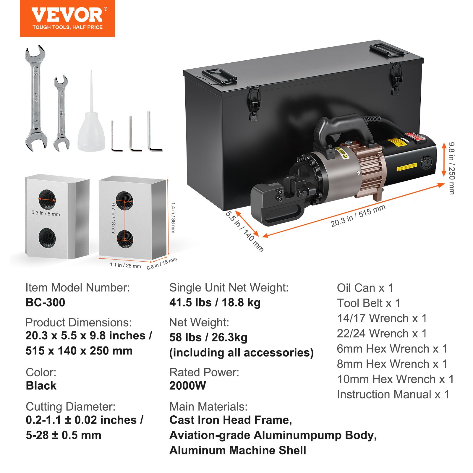 VEVOR Electric Hydraulic Rebar Cutter, 2000W Portable Rebar Cutter, Cutting up to 1.1 Inch (5-28mm) Rebar within 4 Seconds, High Power Steel Rebar Cutter with Oil Can Rich Accessories,Black BC-300