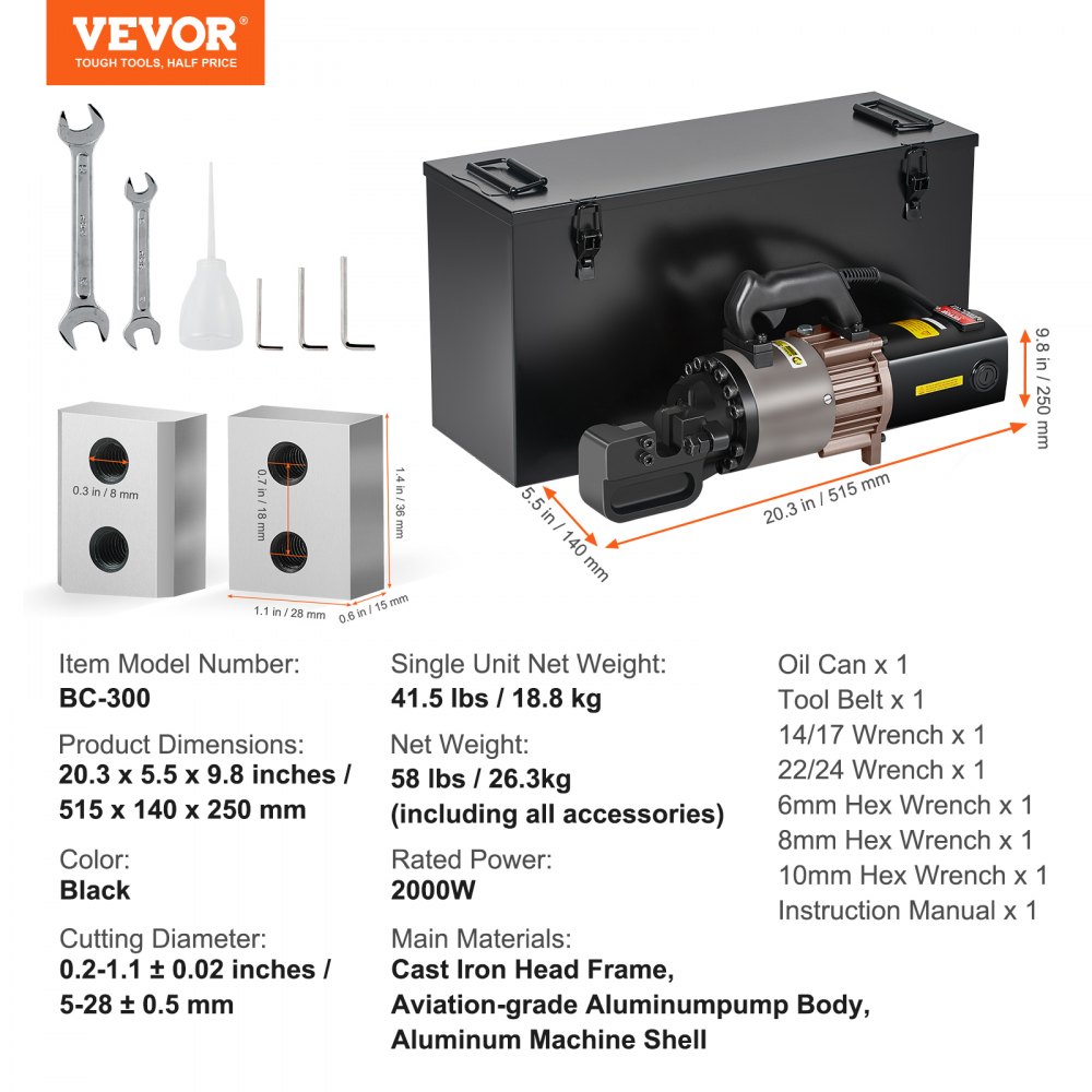 VEVOR Electric Hydraulic Rebar Cutter, 2000W Portable Rebar Cutter, Cutting up to 1.1 Inch (5-28mm) Rebar within 4 Seconds, High Power Steel Rebar Cutter with Oil Can Rich Accessories,Black BC-300