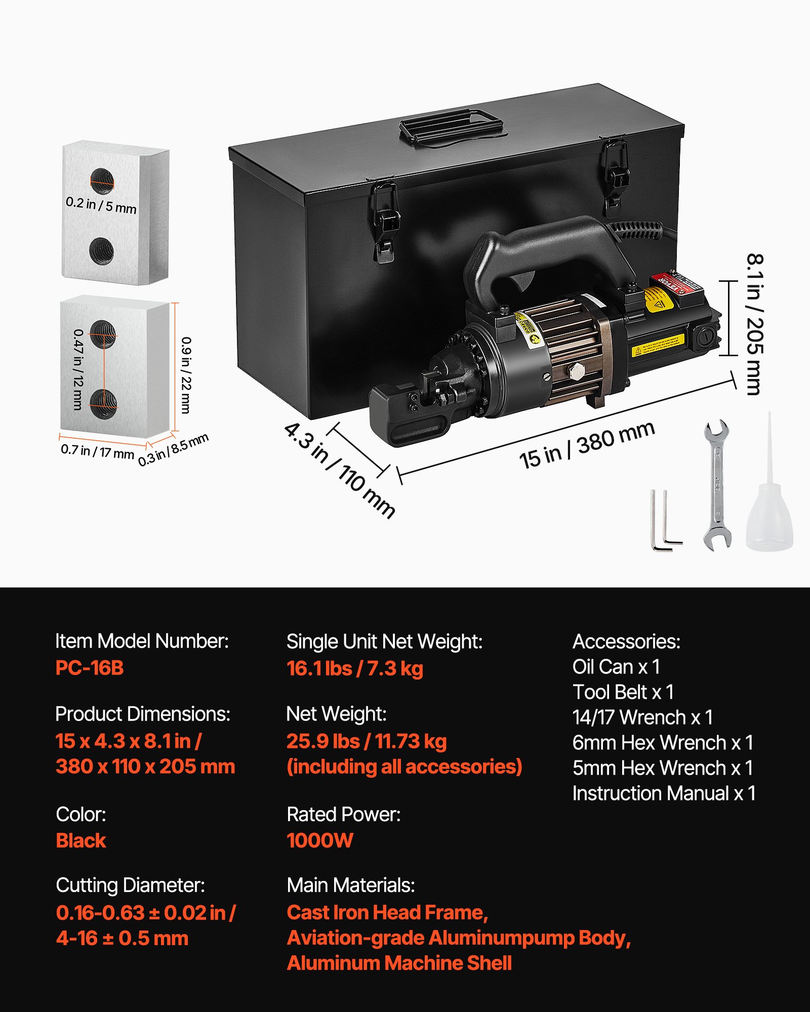 VEVOR Electric Hydraulic Rebar Cutter, 1000W Portable Rebar Cutter, Cutting up to 5/8 Inch (4-16mm) #5 Rebar within 2 Seconds, High Power Steel Rebar Cutter with Oil Can Rich Accessories,Black RC-16