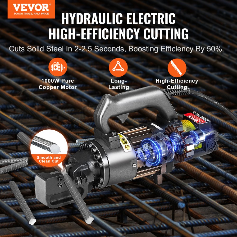 VEVOR Electric Hydraulic Rebar Cutter, 1000W Portable Rebar Cutter, Cutting up to 3/4 Inch #6 4-20mm Rebar within 2.5 Seconds, High Power Steel Rebar Cutter with Oil Can Rich Accessories,Black RC-20