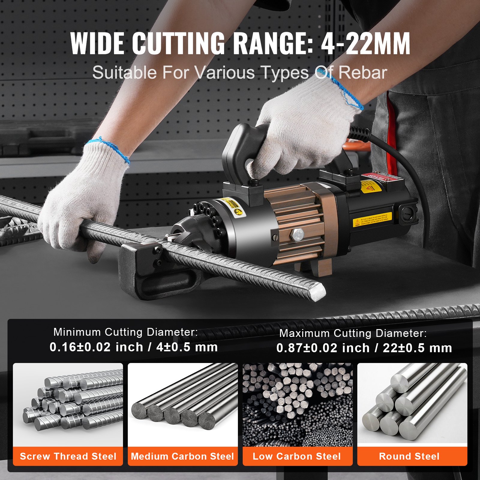 VEVOR Electric Hydraulic Rebar Cutter, 1500W Portable Rebar Cutter, Cutting up to 7/8 Inch #7 4-22mm Rebar within 2.5 Seconds, High Power Steel Rebar Cutter with Oil Can Rich Accessories,Black RC-22