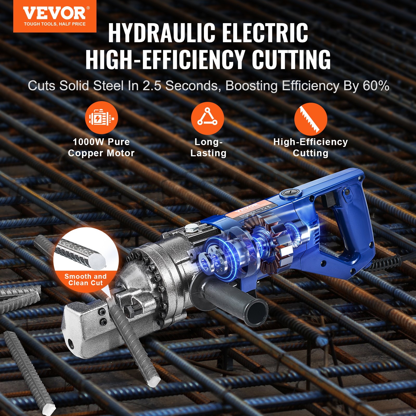 VEVOR Electric Hydraulic Rebar Cutter, 1000W Portable Rebar Cutter, Cutting up to 5/8 Inch (4-16mm) #5 Rebar within 2 Seconds, High Power Steel Rebar Cutter w/ Tool Case Oil Can,Black Blue RC-16