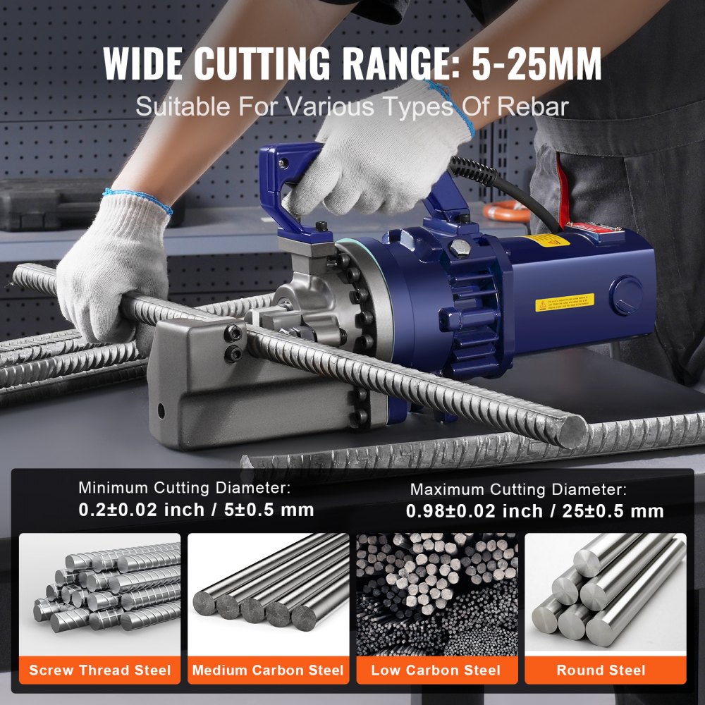 VEVOR Electric Hydraulic Rebar Cutter, 1700W Portable Rebar Cutter, Cutting up to 1 Inch #8 (5-25mm) Rebar within 4 Seconds, High Power Steel Rebar Cutter w/ Tool Case Oil Can,Black Blue RC-25