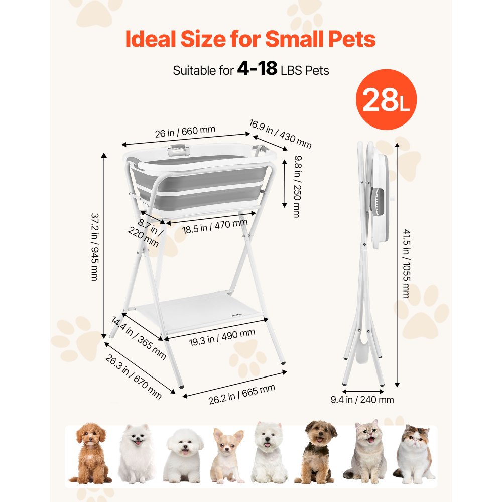VEVOR Dog Bathtub, Elevated Dog Bath Tub, 2 in 1 Collapsible Pet Bathing Grooming Wash Station, Portable Foldable Space-saving, Built-in Drain Outlet with Drain Hose for Small Pet Cat, Gray & White
