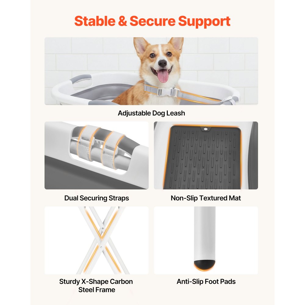 VEVOR Dog Bathtub, Elevated Dog Bath Tub, 2 in 1 Collapsible Pet Bathing Grooming Wash Station, Portable Foldable Space-saving, Built-in Drain Outlet with Drain Hose for Small Pet Cat, Gray & White