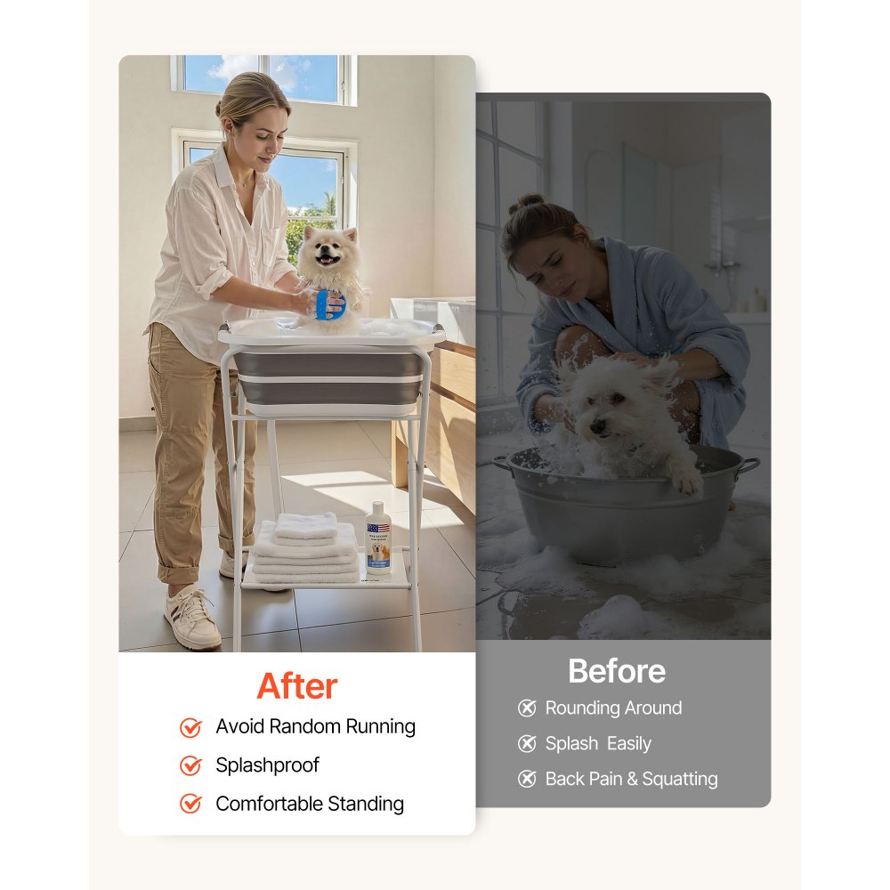 VEVOR Dog Bathtub, Elevated Dog Bath Tub, 2 in 1 Collapsible Pet Bathing Grooming Wash Station, Portable Foldable Space-saving, Built-in Drain Outlet with Drain Hose for Small Pet Cat, Gray & White