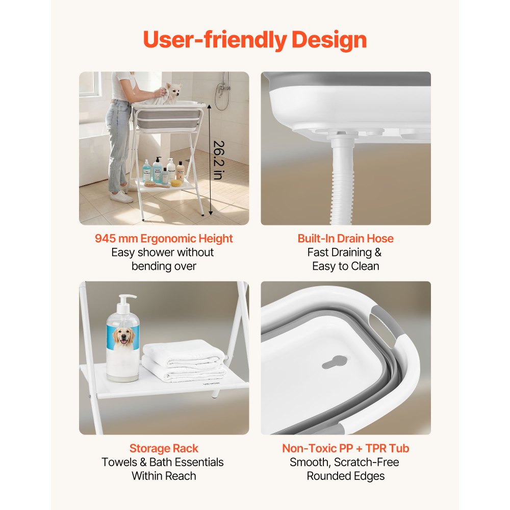VEVOR Dog Bathtub, Elevated Dog Bath Tub, 2 in 1 Collapsible Pet Bathing Grooming Wash Station, Portable Foldable Space-saving, Built-in Drain Outlet with Drain Hose for Small Pet Cat, Gray & White
