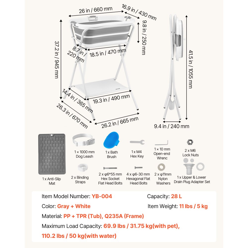 VEVOR Dog Bathtub, Elevated Dog Bath Tub, 2 in 1 Collapsible Pet Bathing Grooming Wash Station, Portable Foldable Space-saving, Built-in Drain Outlet with Drain Hose for Small Pet Cat, Gray & White