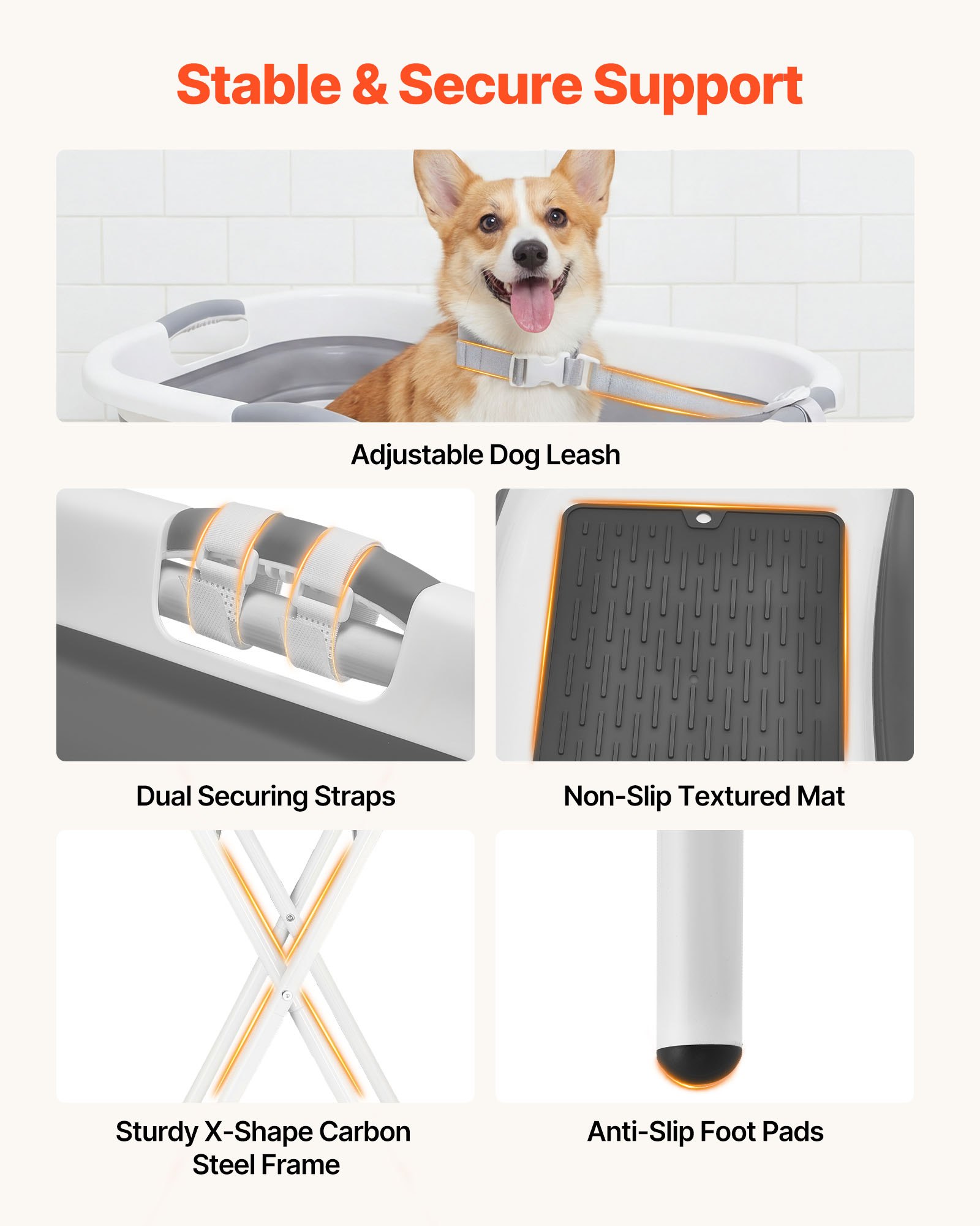 VEVOR Dog Bathtub, Elevated Dog Bath Tub, 2 in 1 Collapsible Pet Bathing Grooming Wash Station, Portable Foldable Space-saving, Built-in Drain Outlet with Drain Hose for Small Pet Cat, Gray & White