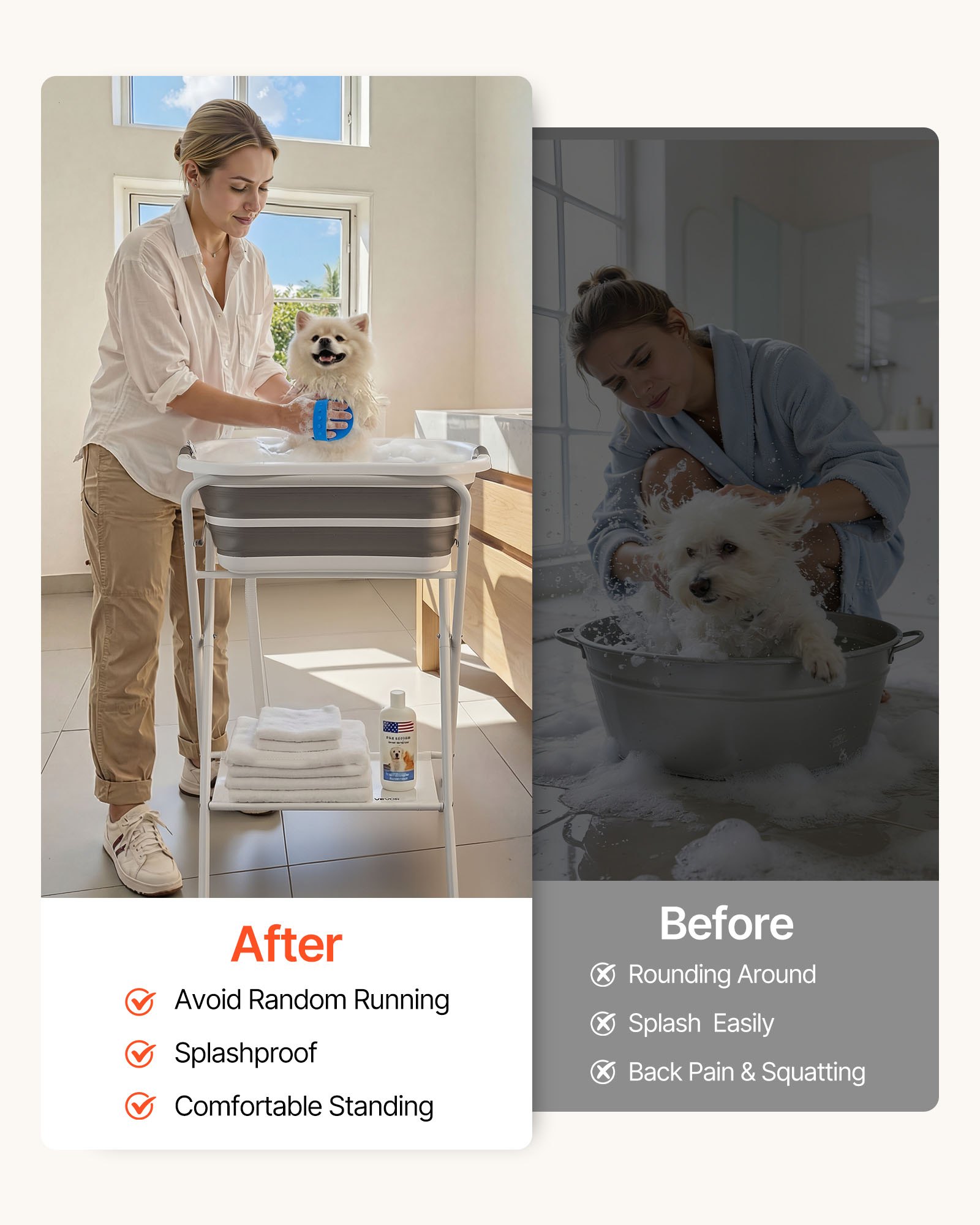 VEVOR Dog Bathtub, Elevated Dog Bath Tub, 2 in 1 Collapsible Pet Bathing Grooming Wash Station, Portable Foldable Space-saving, Built-in Drain Outlet with Drain Hose for Small Pet Cat, Gray & White