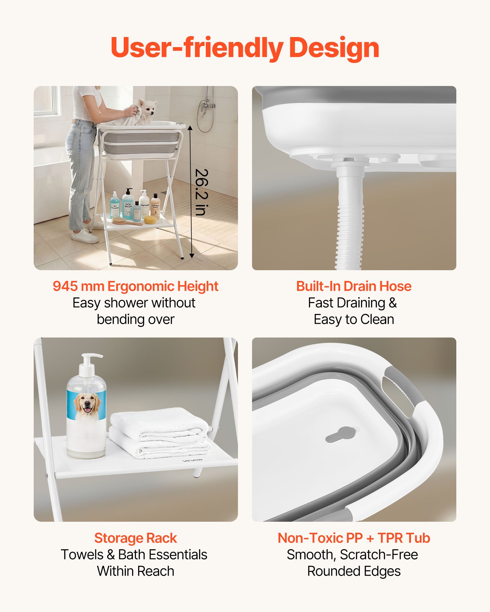 VEVOR Dog Bathtub, Elevated Dog Bath Tub, 2 in 1 Collapsible Pet Bathing Grooming Wash Station, Portable Foldable Space-saving, Built-in Drain Outlet with Drain Hose for Small Pet Cat, Gray & White