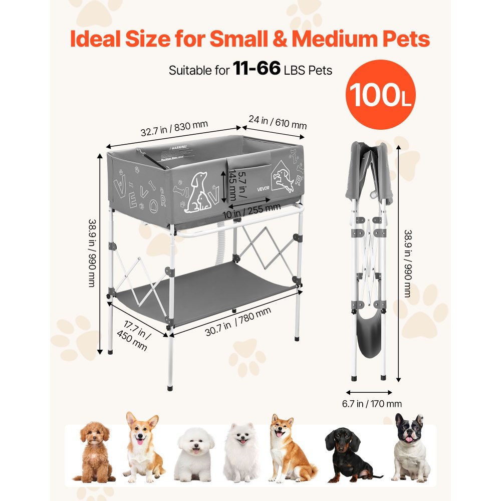 VEVOR Dog Bathtub, Elevated Dog Bath Tub, Collapsible Pet Bathing Grooming Wash Station, Portable Foldable Space-saving, with Built-In Drain Hose for Small and Medium Pet Cat Indoor & Outdoor, Gray