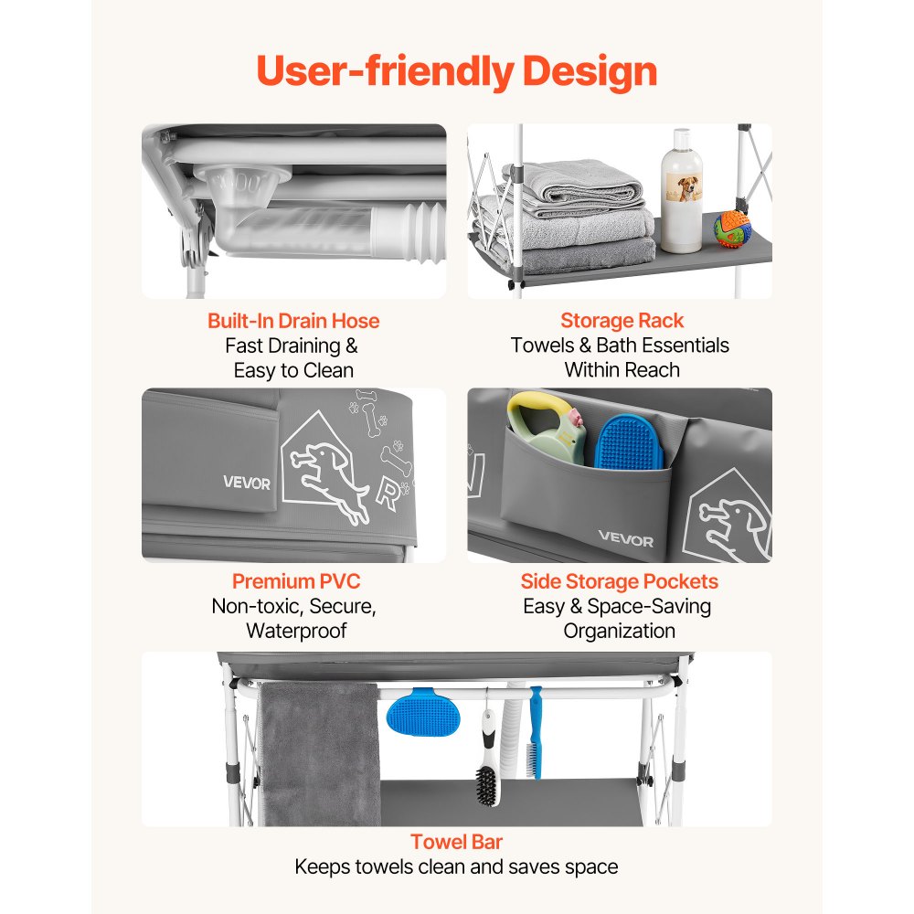VEVOR Dog Bathtub, Elevated Dog Bath Tub, Collapsible Pet Bathing Grooming Wash Station, Portable Foldable Space-saving, with Built-In Drain Hose for Small and Medium Pet Cat Indoor & Outdoor, Gray